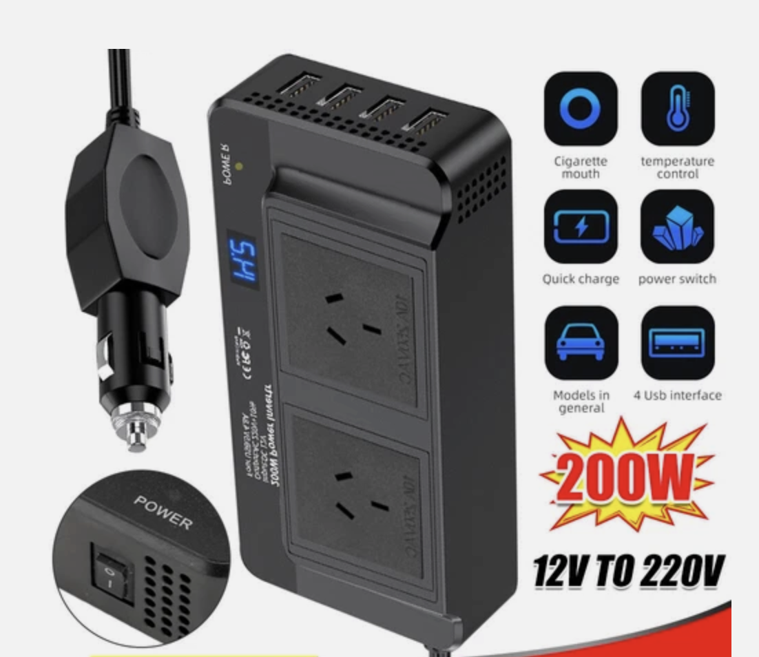 Car Power Inverter 12V to 240V Converter 200W With 4USB Phone Charger 200W Black