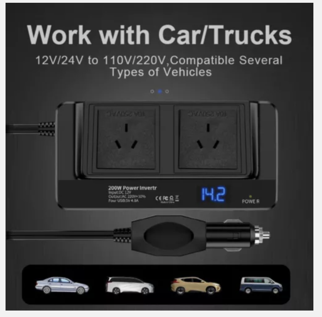 Car Power Inverter 12V to 240V Converter 200W With 4USB Phone Charger 200W Black