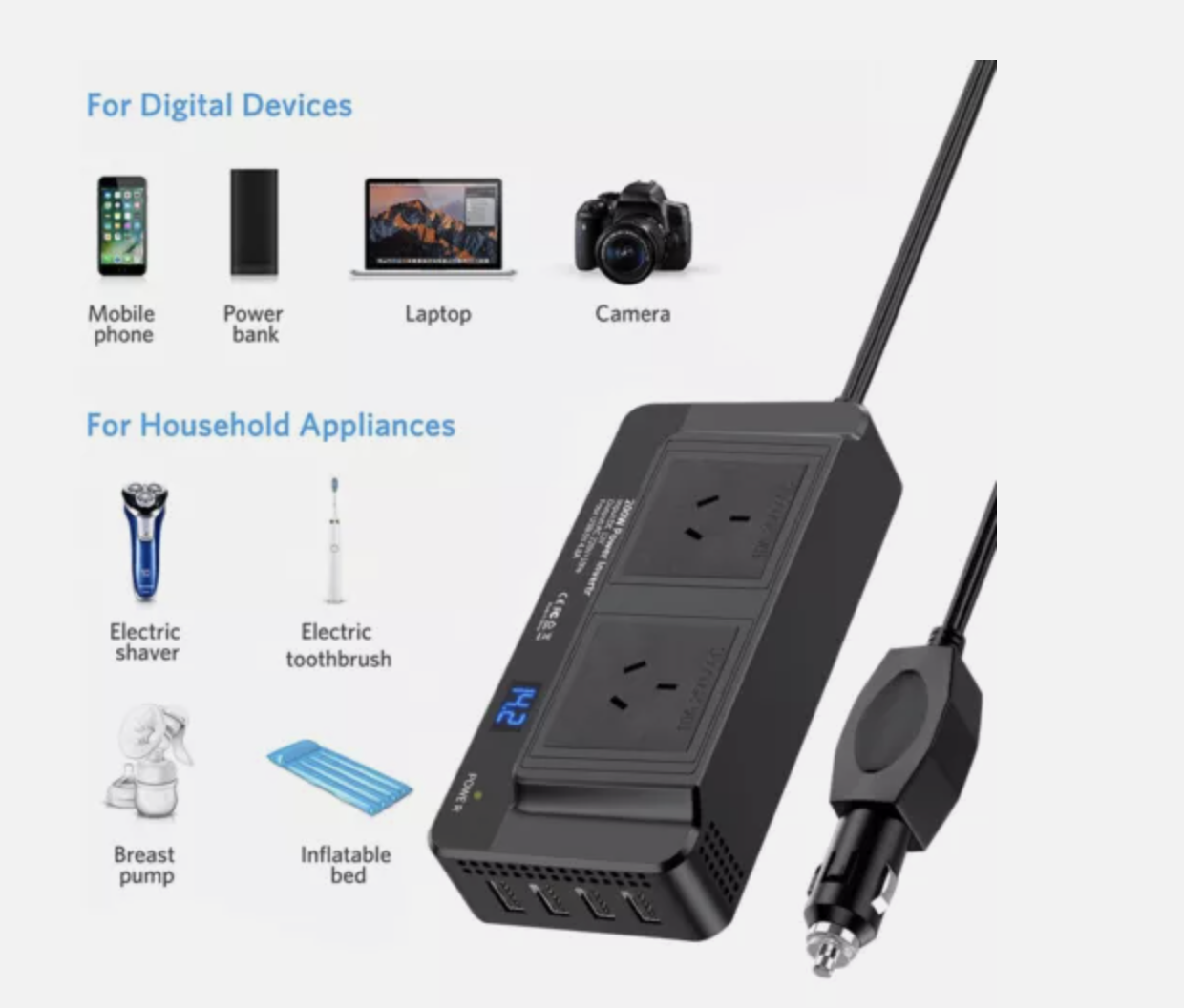 Car Power Inverter 12V to 240V Converter 200W With 4USB Phone Charger 200W Black