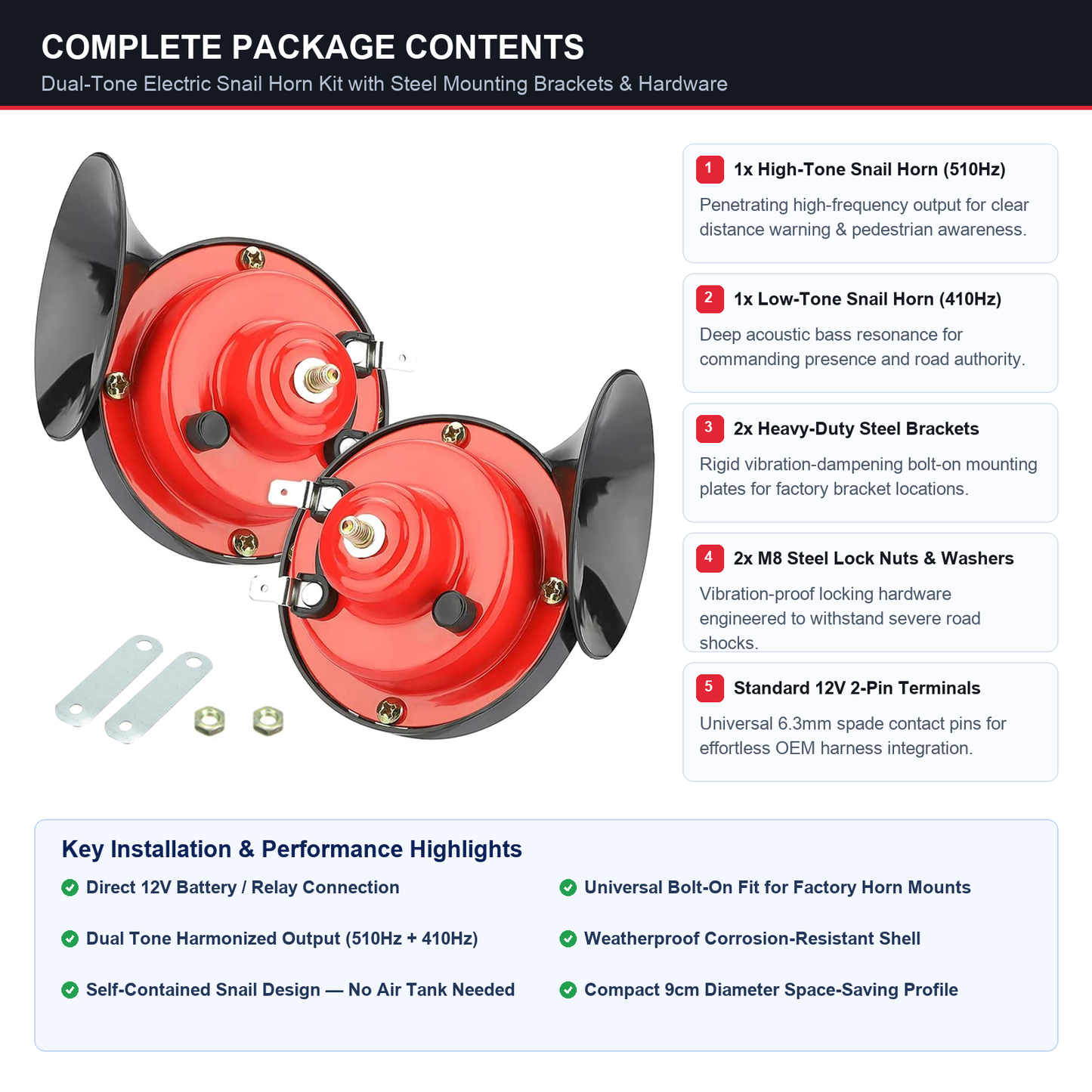 Universal 12V 300DB Super Train Horn (1 Pair) – Dual Tone High/Low Pitch Snail Air Electric Horn for Car Ute Truck SUV Motorcycle Boat