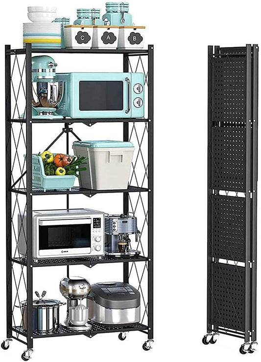 Bookshelf Foldable Shelf Metal Display Rack Kitchen Wheels Storage 5 Tier
