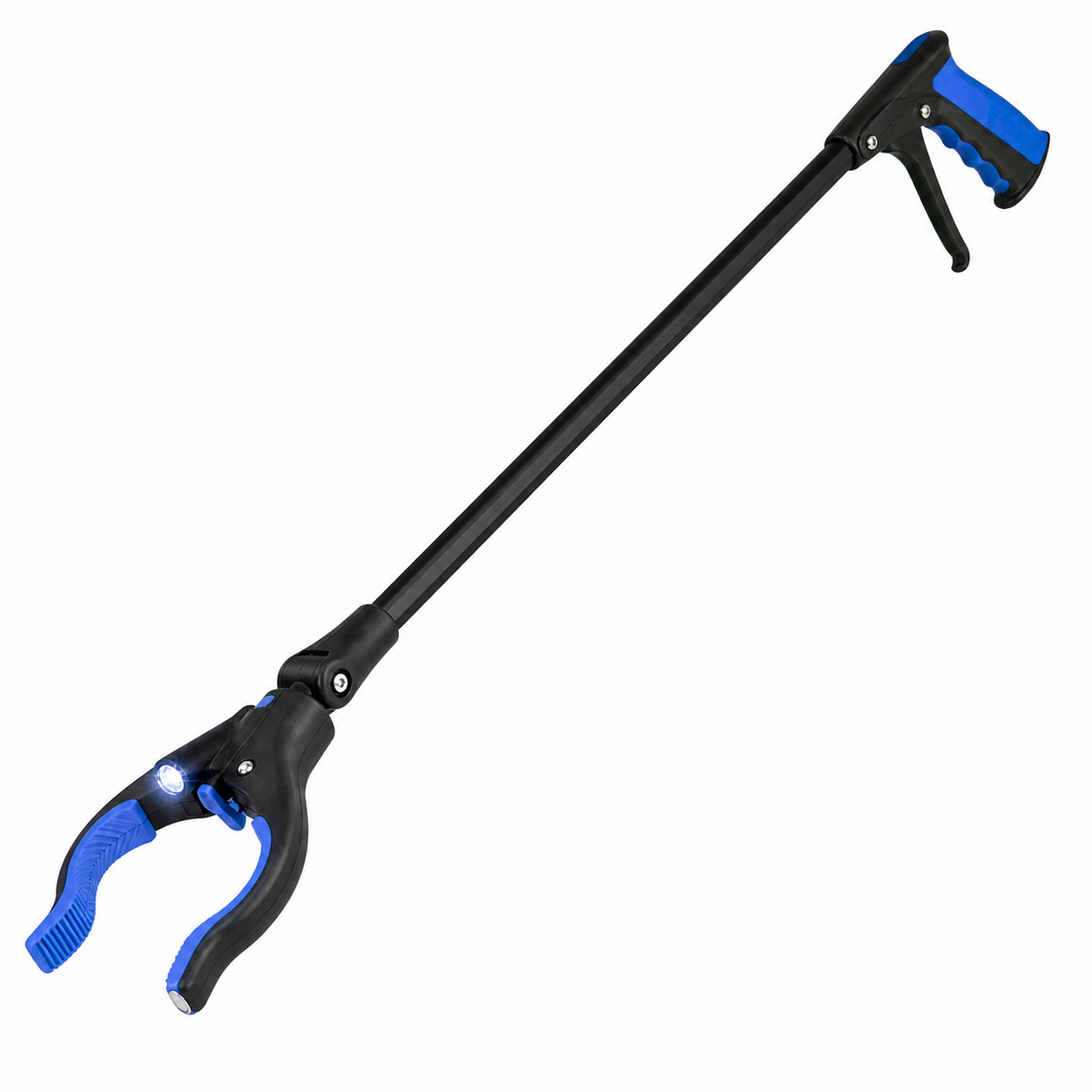 Blue and black foldable grabber reacher tool with rotating jaw