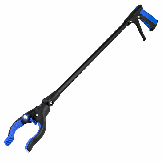 Blue and black foldable grabber reacher tool with rotating jaw