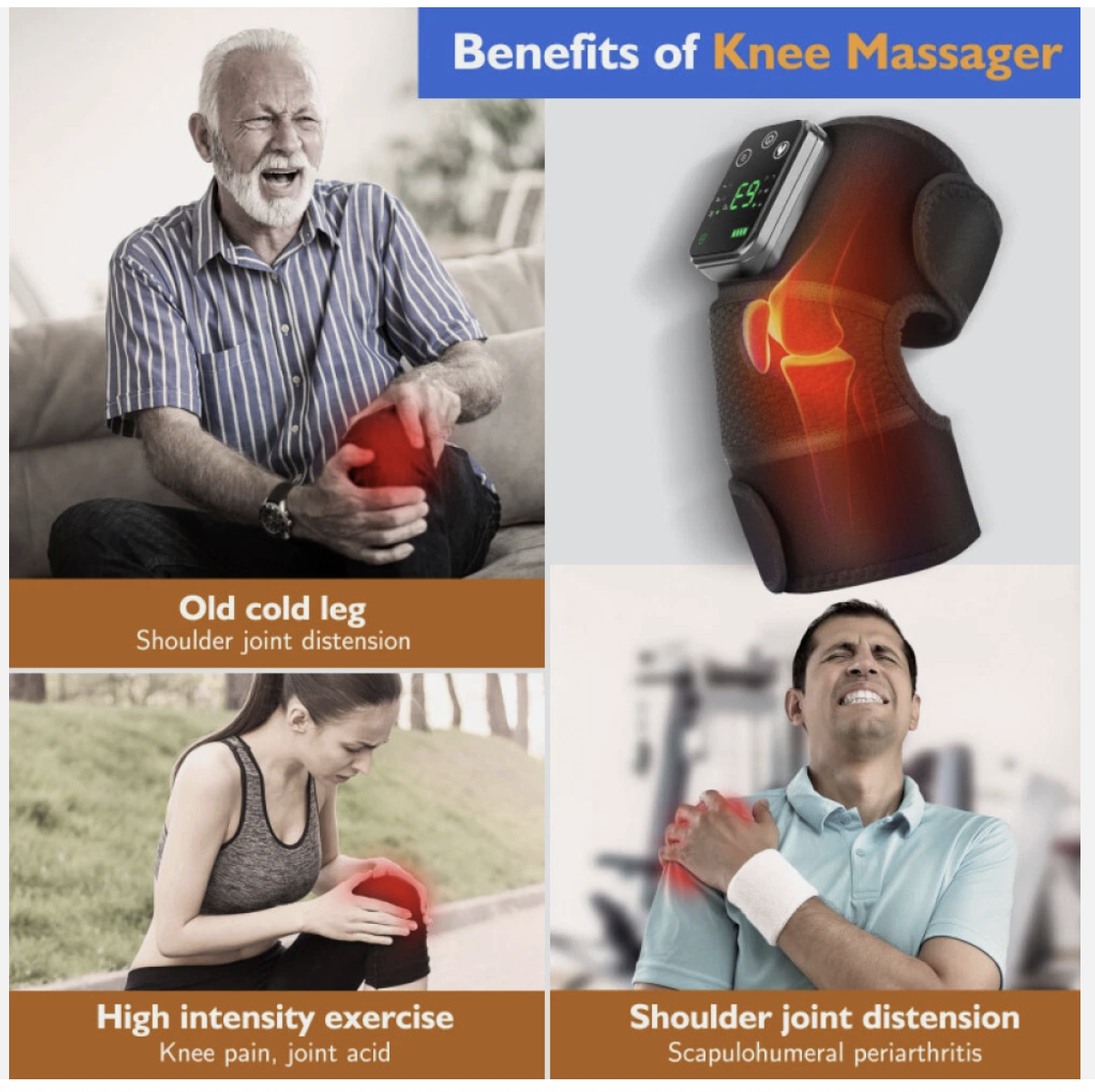 Electric Heated Vibration Knee Joint Brace Therapy Shoulder Massager Pain Relief