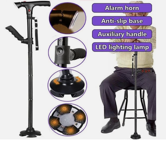 Elder Folding Walking Stick Walking Cane Height Adjustable LED Light Alarm