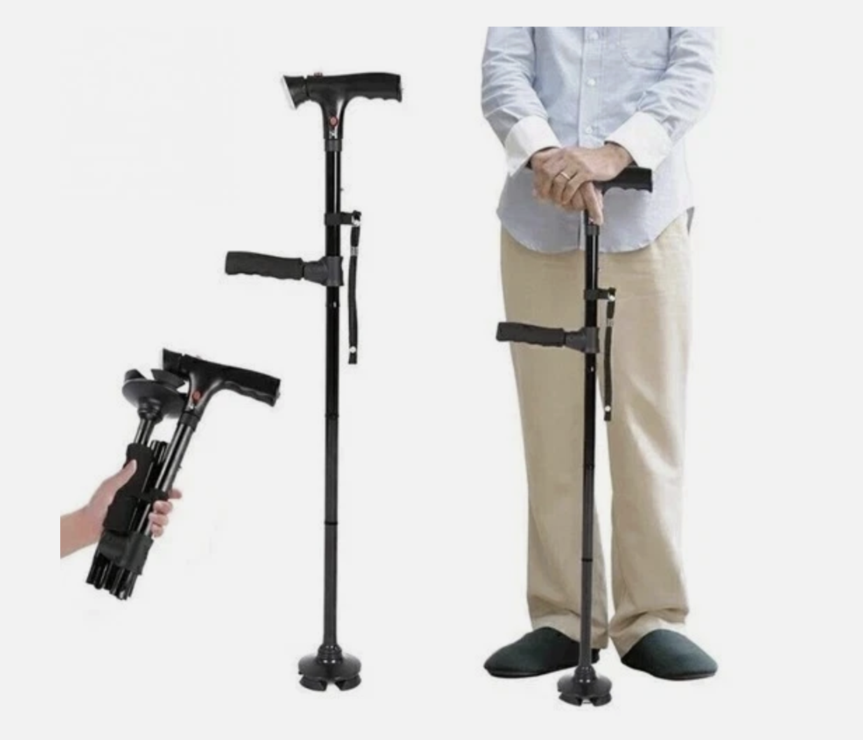 Elder Folding Walking Stick Walking Cane Height Adjustable LED Light Alarm