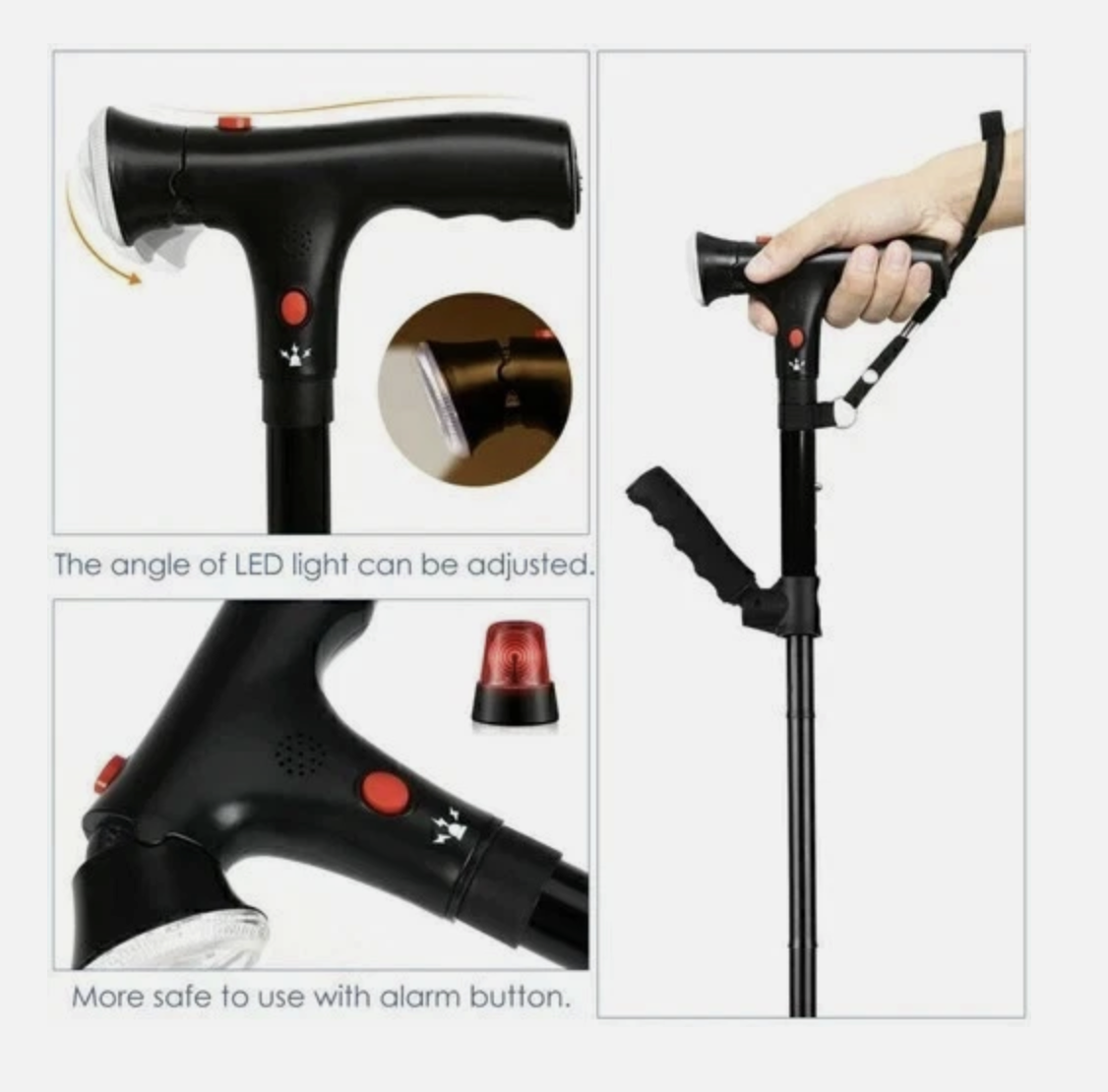 Elder Folding Walking Stick Walking Cane Height Adjustable LED Light Alarm
