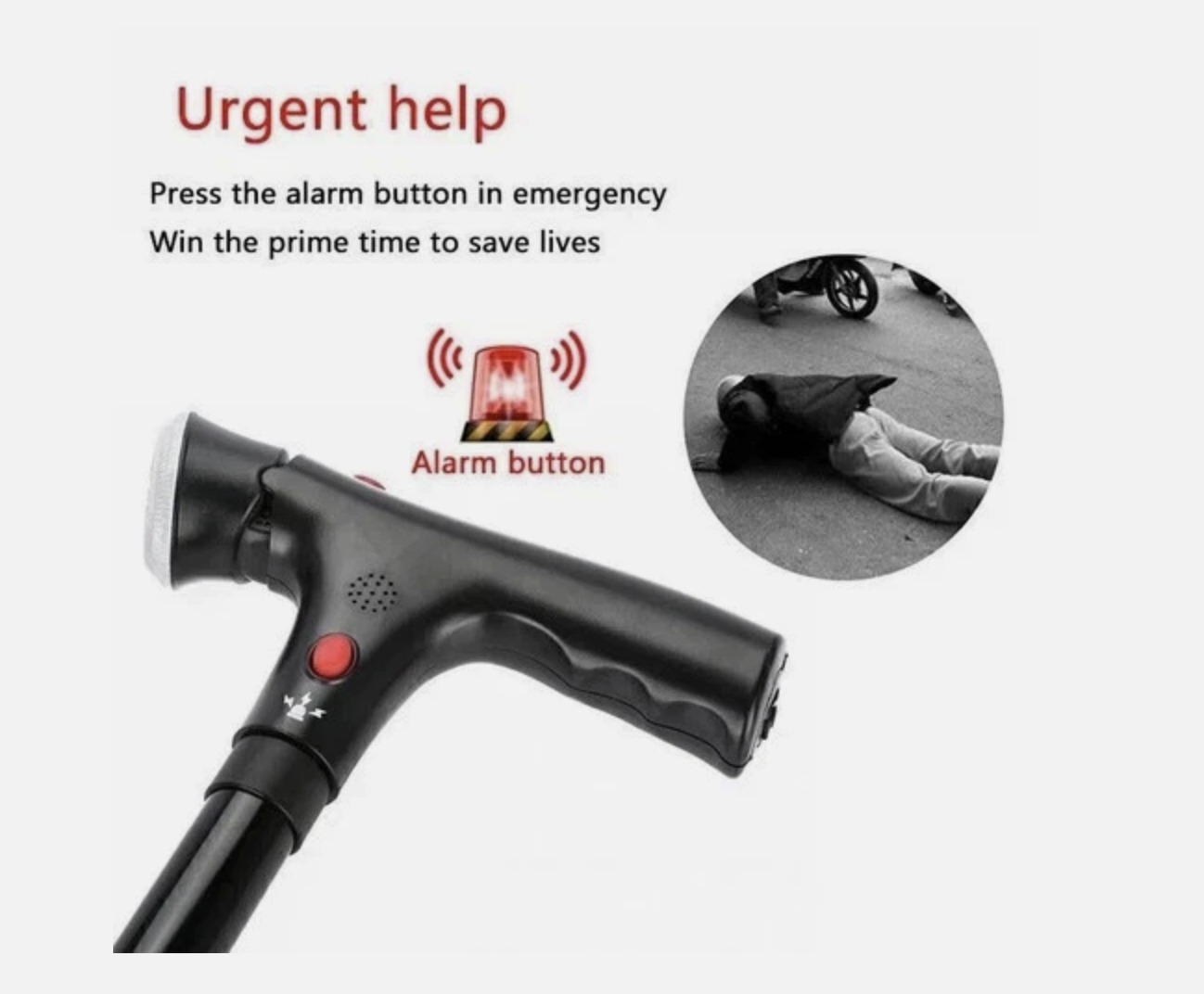 Elder Folding Walking Stick Walking Cane Height Adjustable LED Light Alarm