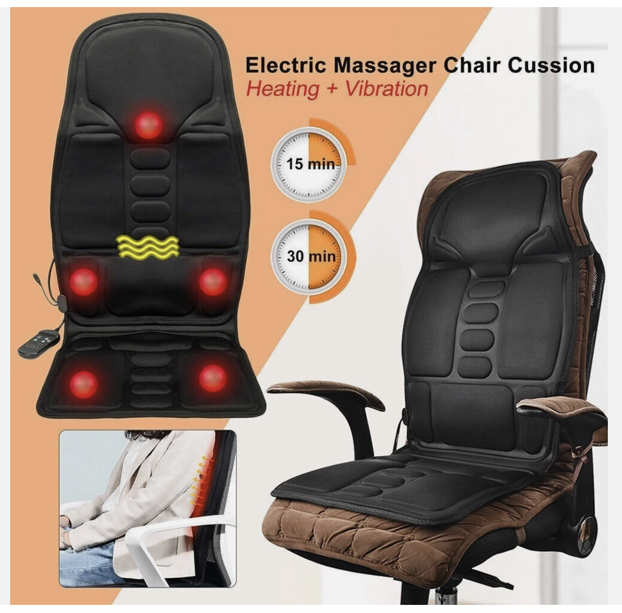 Electric Massage Chair Cushion with Heat & Vibration | For Car, Home & Office