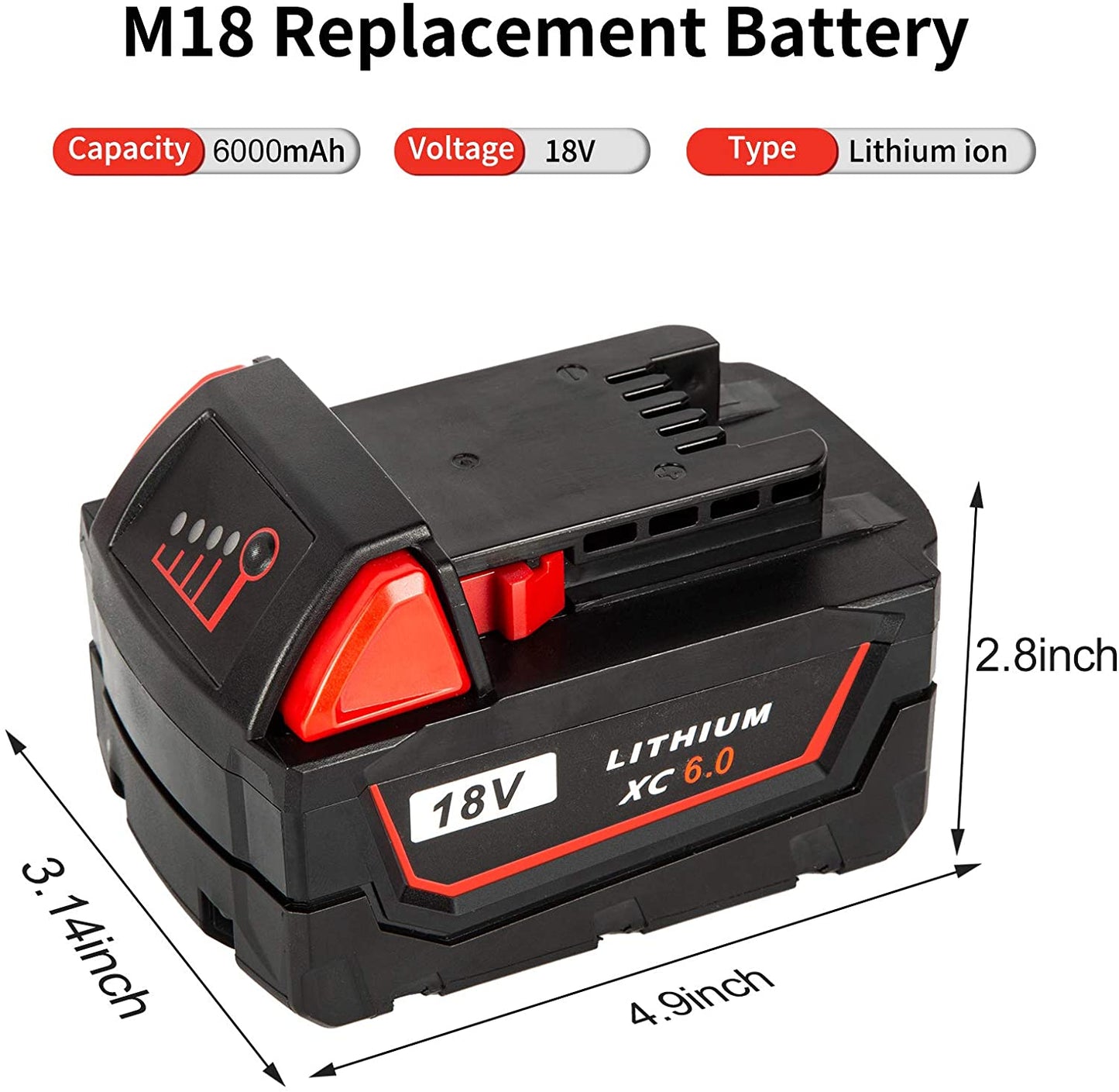 For Milwaukee 18V 6.0ah M18 M18B4 48-11-1828 Red Lithium Ion XC  Battery
