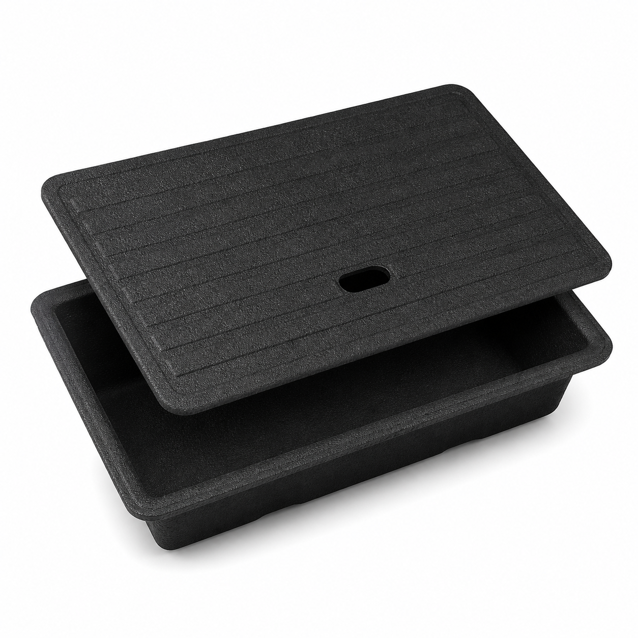 Black under-seat storage organizer with fitted lid