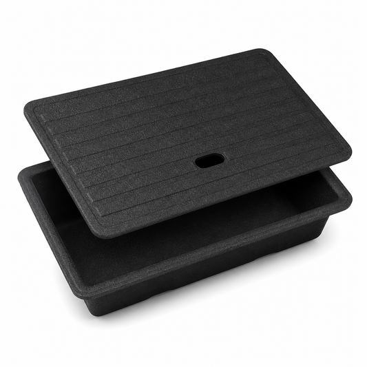 Black under-seat storage organizer with fitted lid