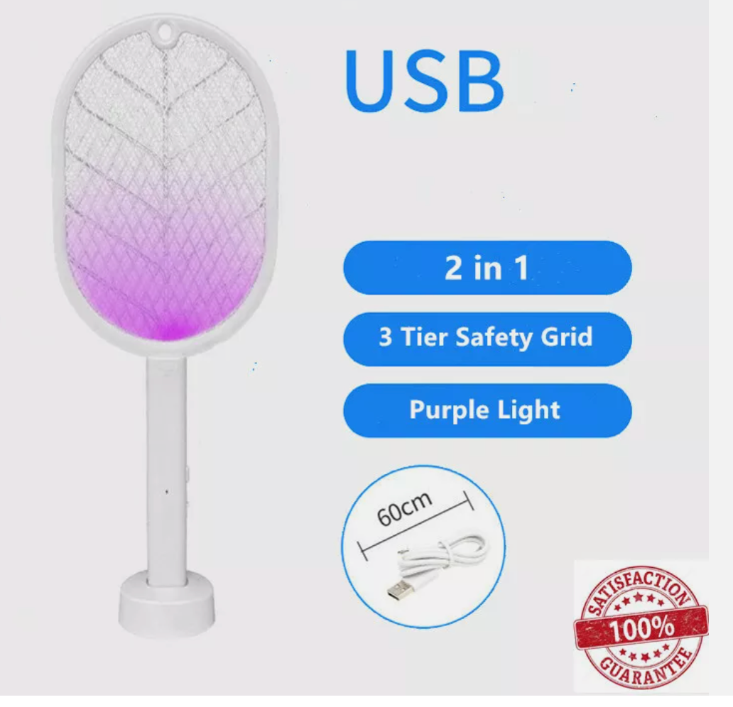 2 In 1 Electric USB Rechargable Racket Fly Swatter Mosquito Insect Killer Zapper