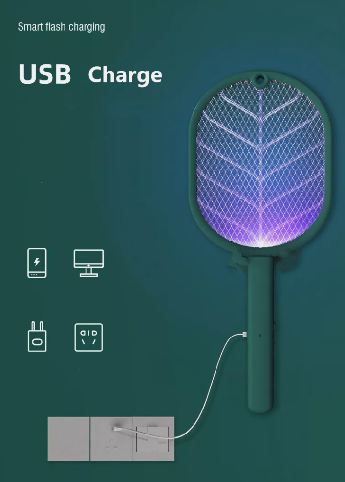 2 In 1 Electric USB Rechargable Racket Fly Swatter Mosquito Insect Killer Zapper