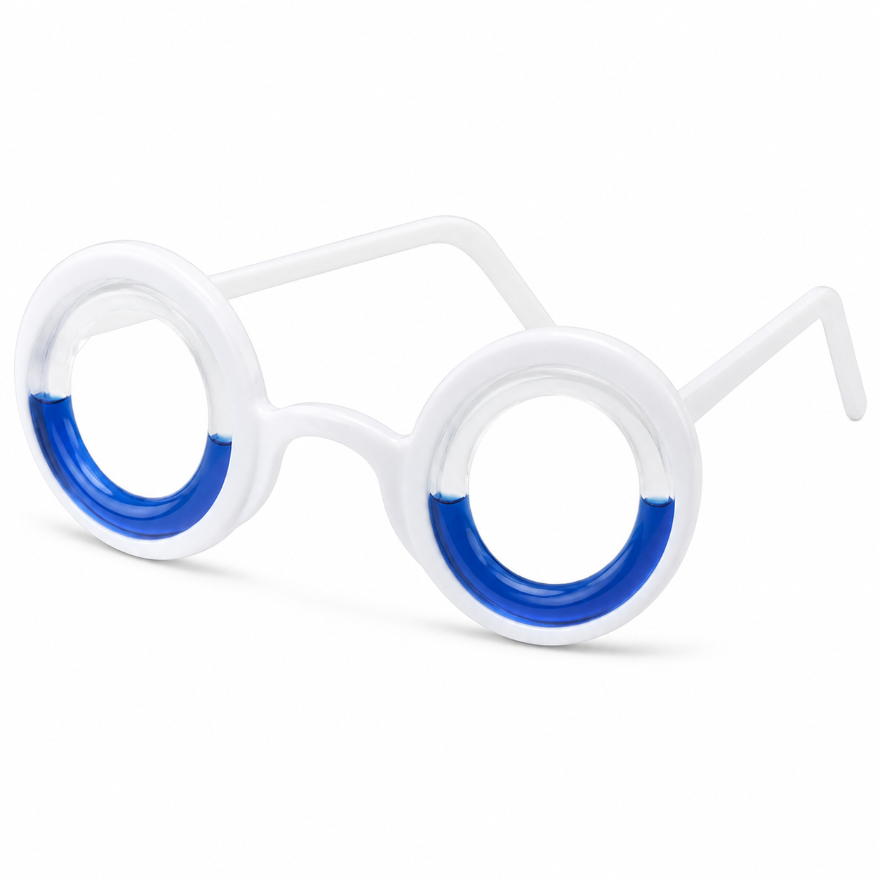 White motion-sickness glasses with blue liquid chambers