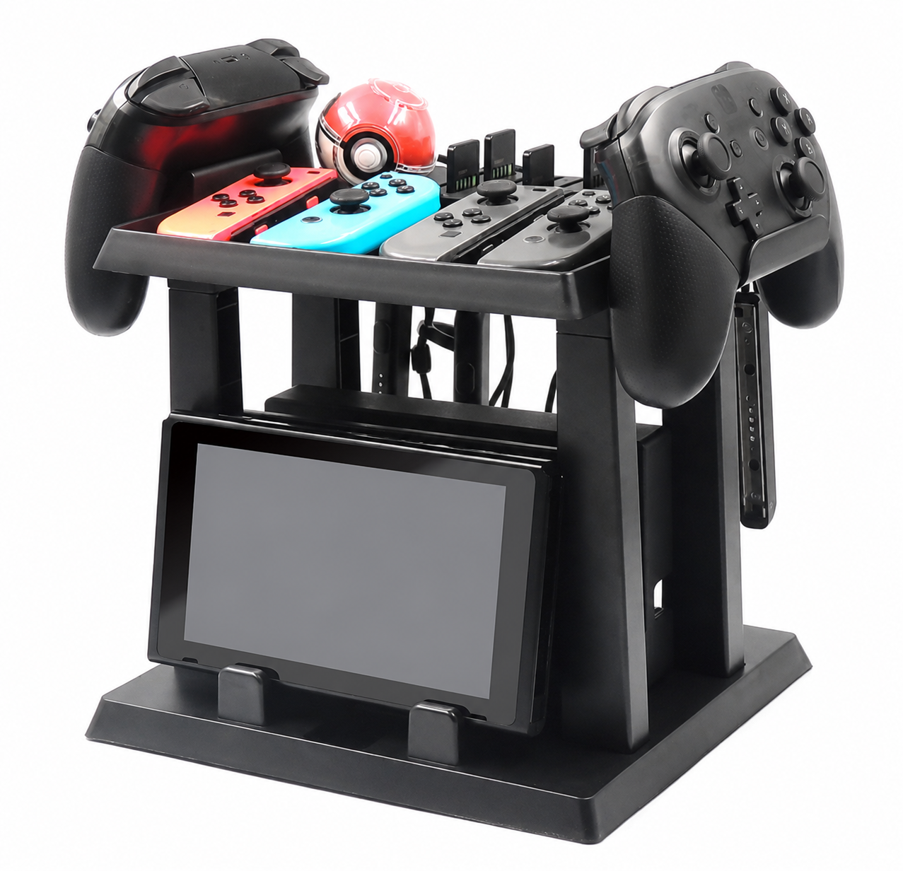 Switch-compatible storage stand with console and controllers shown for reference; accessories not included
