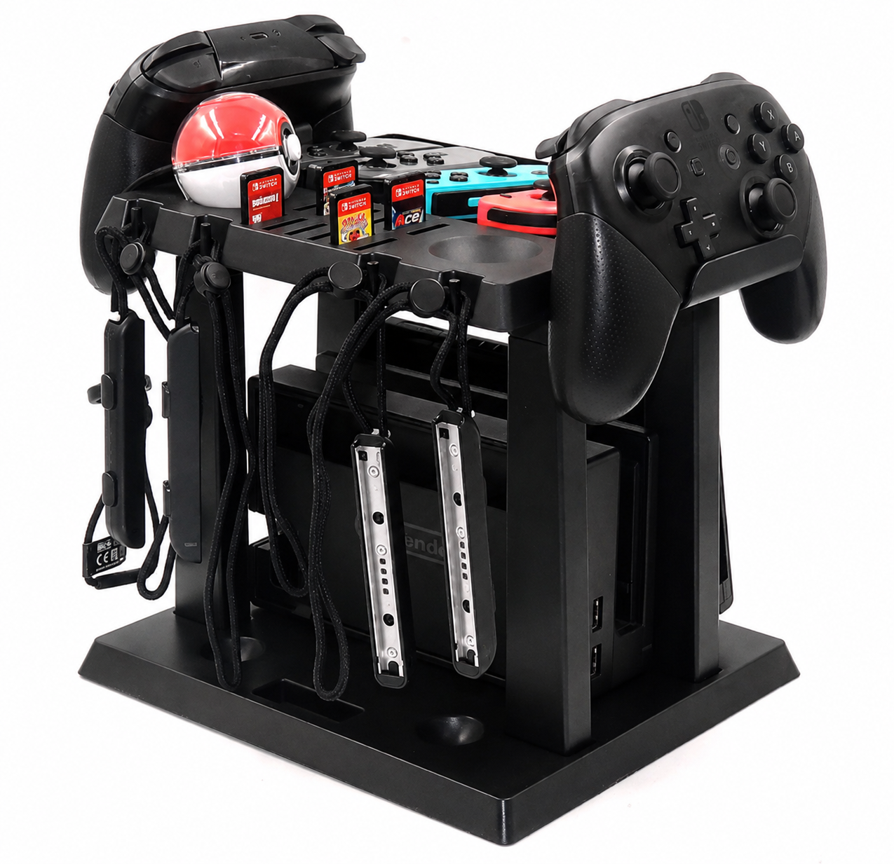 Nintendo Switch-compatible storage stand loaded with gaming accessories; accessories not included