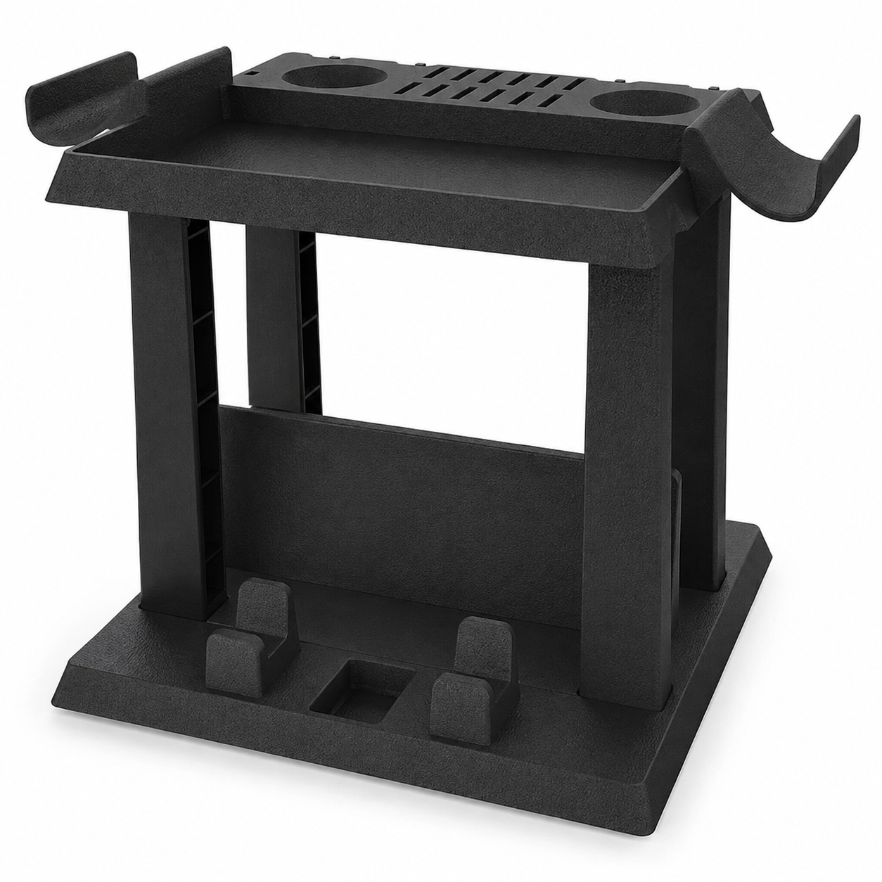 Black multifunction Nintendo Switch-compatible storage stand on white background