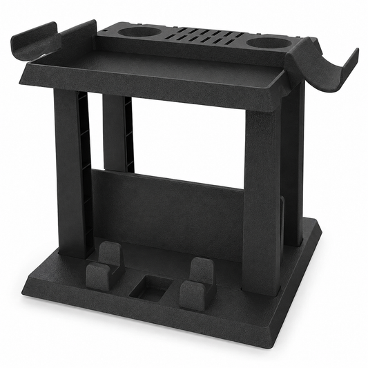 Black multifunction Nintendo Switch-compatible storage stand on white background