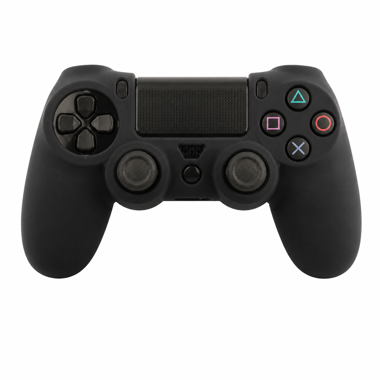 Black silicone protective cover fitted on a compatible PS4-style controller