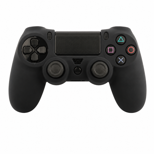 Black silicone protective cover fitted on a compatible PS4-style controller