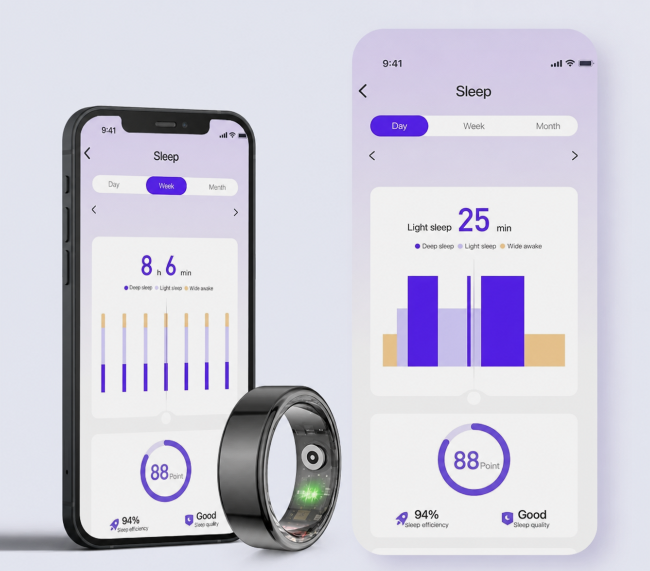 R02P smart ring with sleep tracking app interface, dates removed