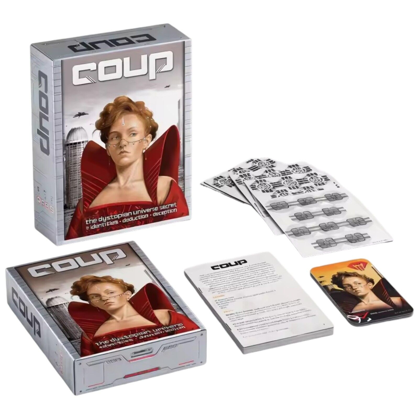 Coup game box, character cards, rules and game pieces laid out