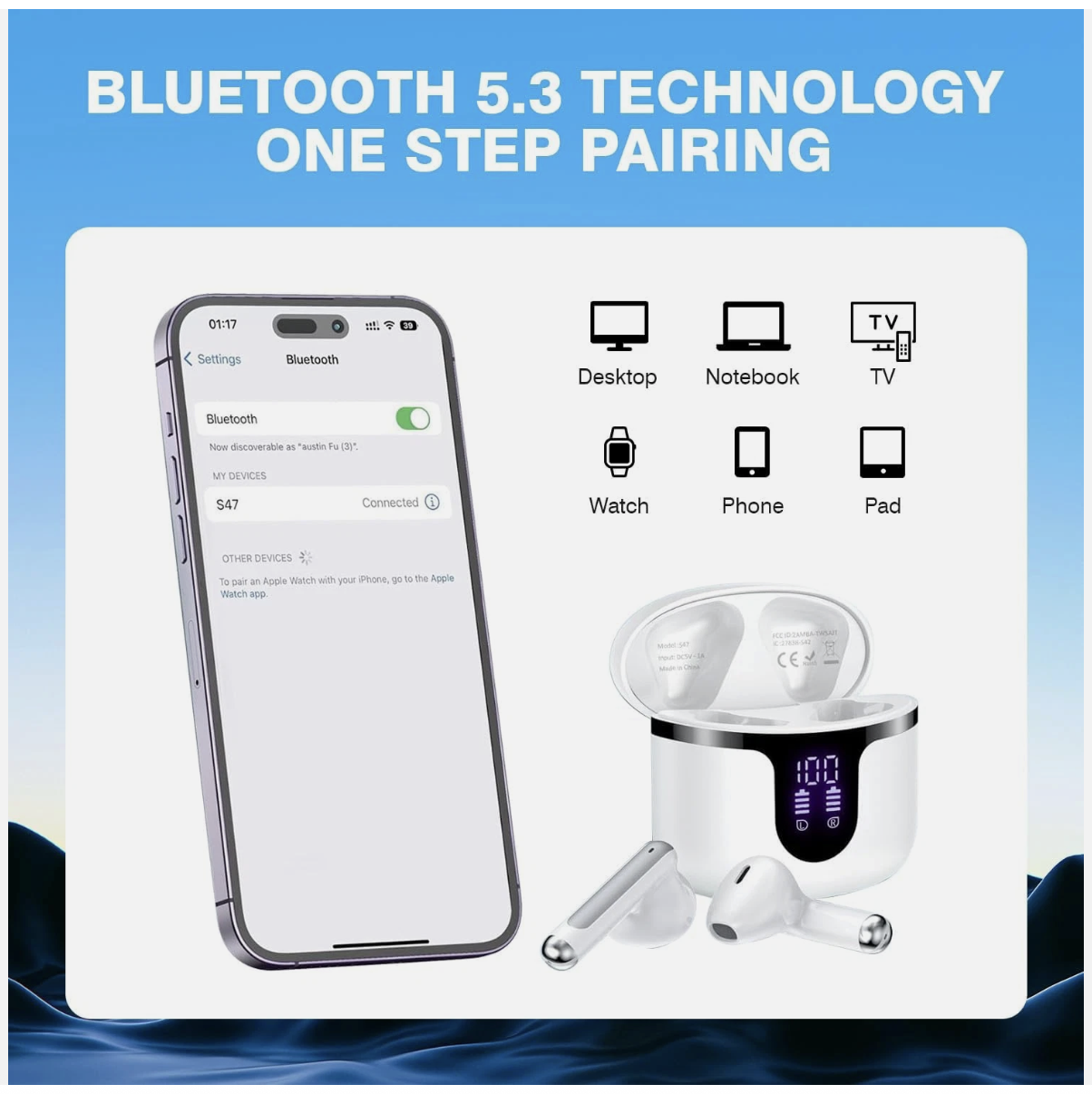 Wireless Earbuds Bluetooth 5.3 LED Display Headphones with ENC Mic,40H Bluetooth