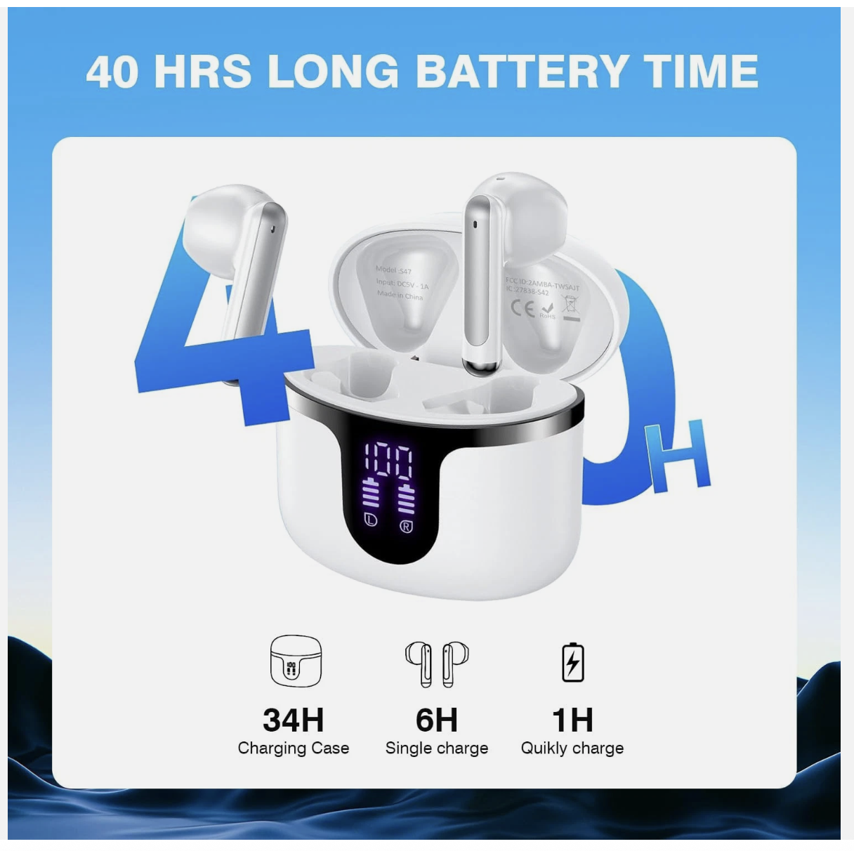 Wireless Earbuds Bluetooth 5.3 LED Display Headphones with ENC Mic,40H Bluetooth