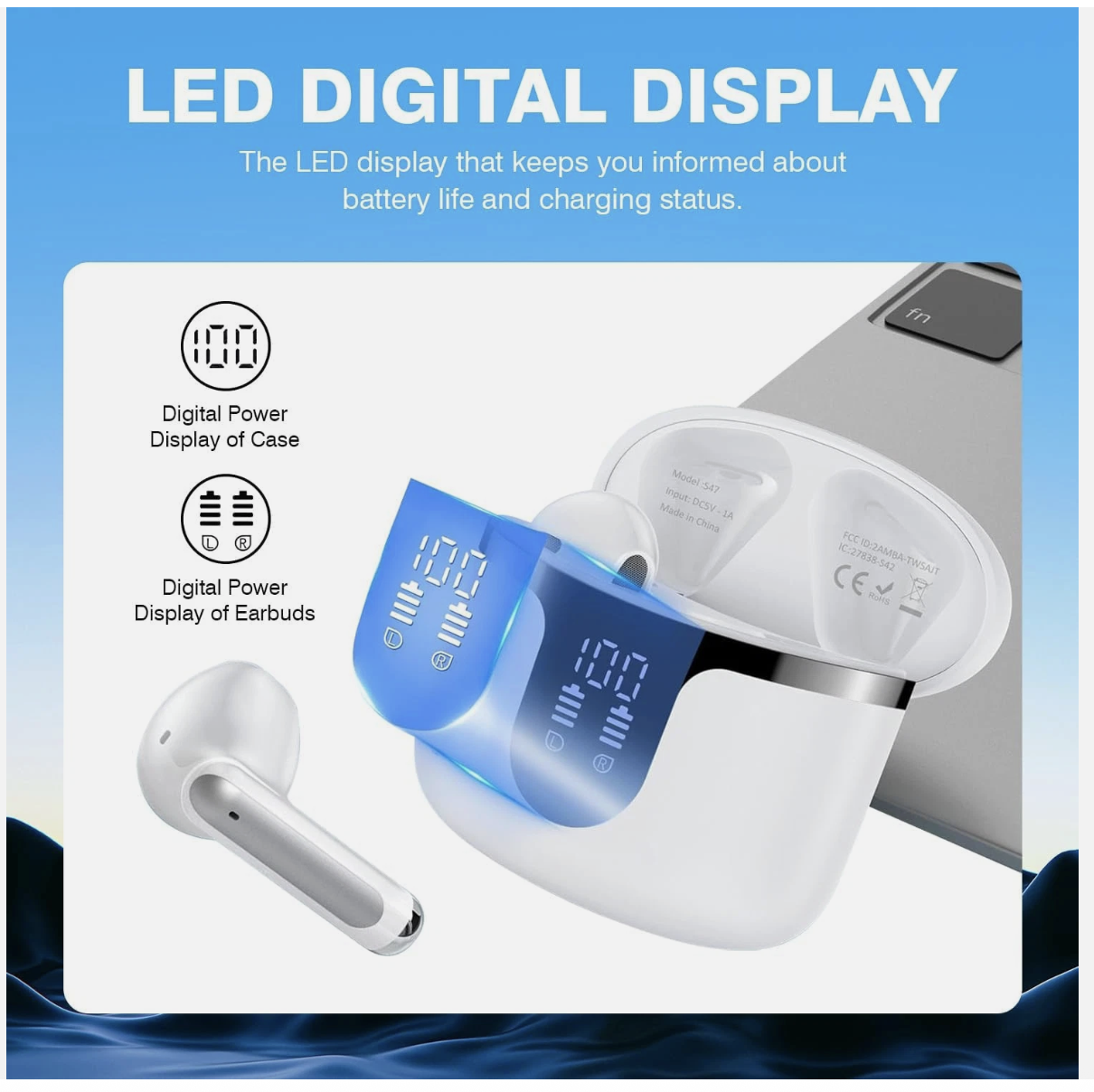 Wireless Earbuds Bluetooth 5.3 LED Display Headphones with ENC Mic,40H Bluetooth