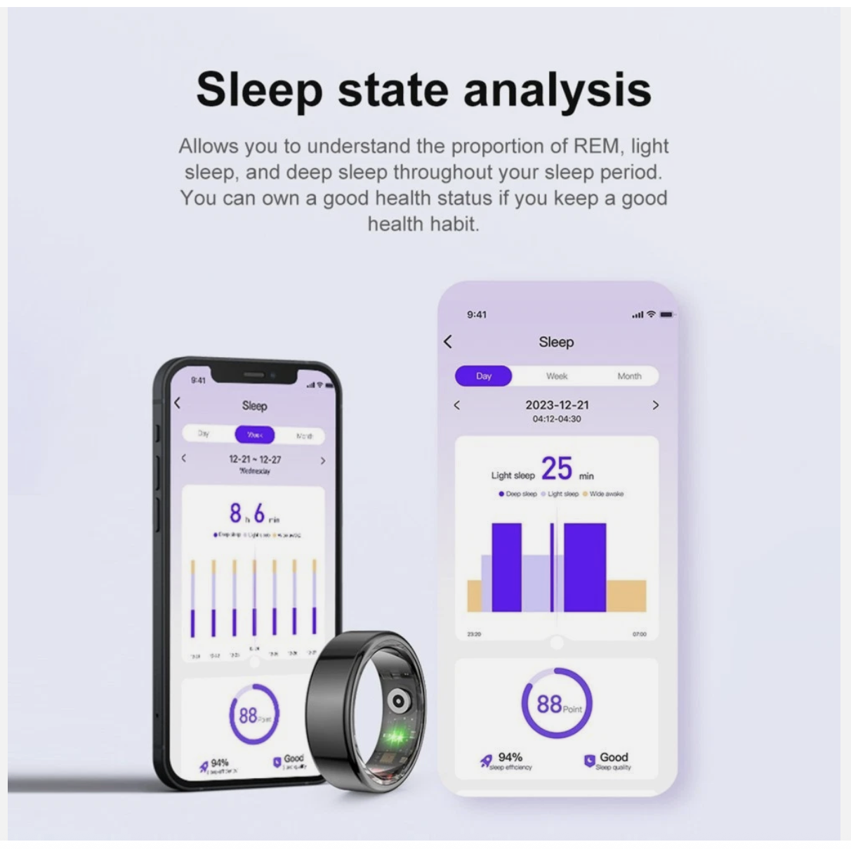 Silver Smart Ring Health Waterproof Finger Ring Monitor Heart Rate Fitness Tracker