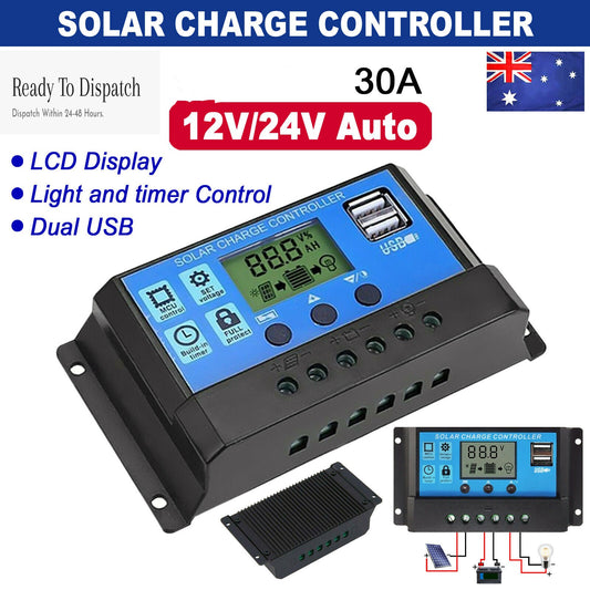 Solar Panel Charge Controller Regulator 12V/24V auto dual USB 30A Battery PWM