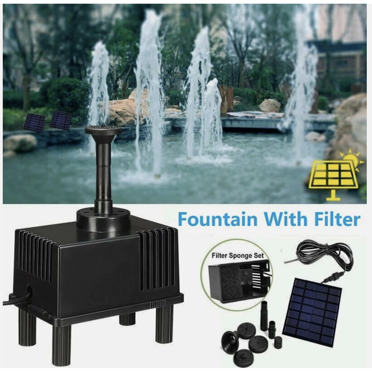 Solar Powered Water Pond With Filter Pump Garden Submersible Fish Tank Fountains
