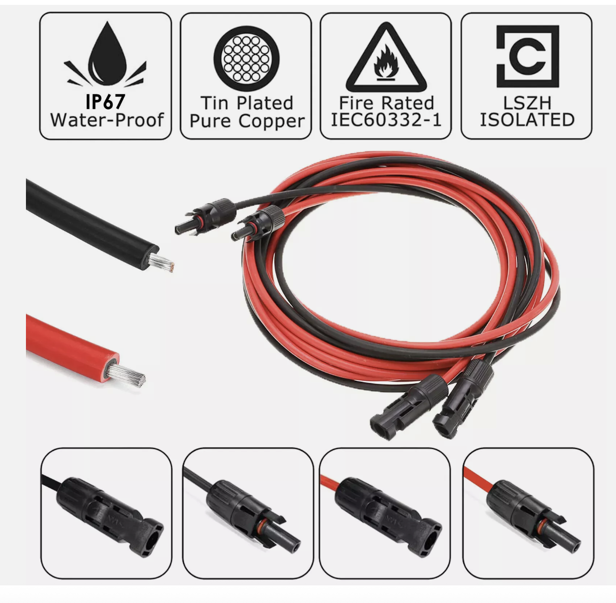 Extension Cable Wire Connectors Solar Panel To Regulator 4mm² 6mm² 10AWG 12AWG