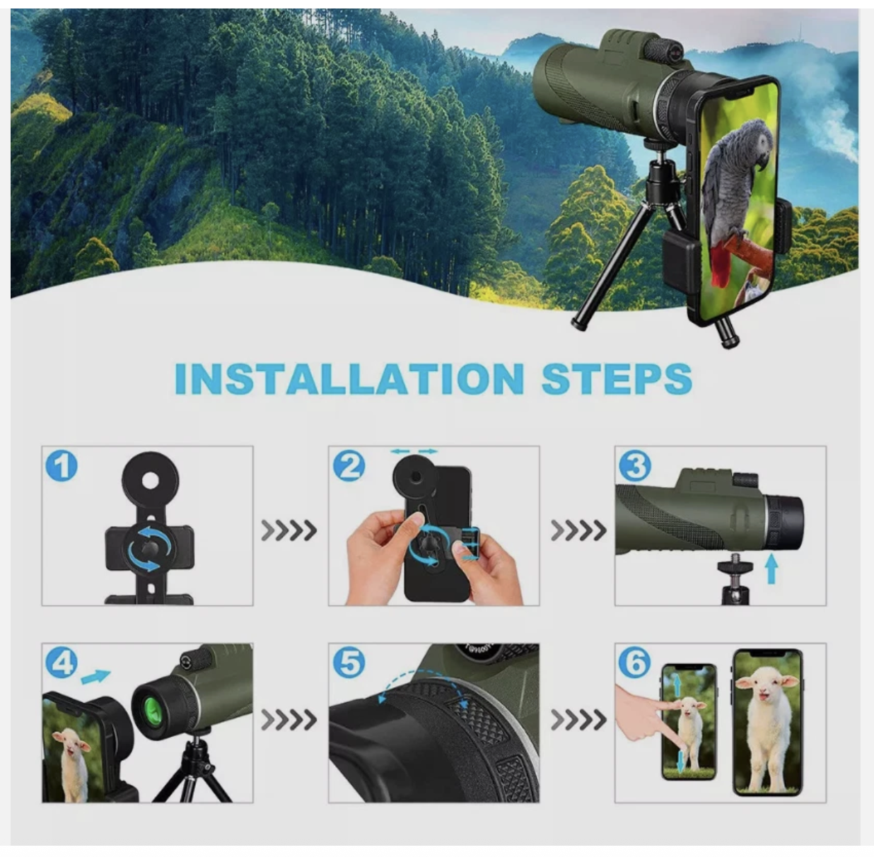 80x100 Zoom HD Optical Monocular Telescope Night Vision + Phone Clip +Tripod Set