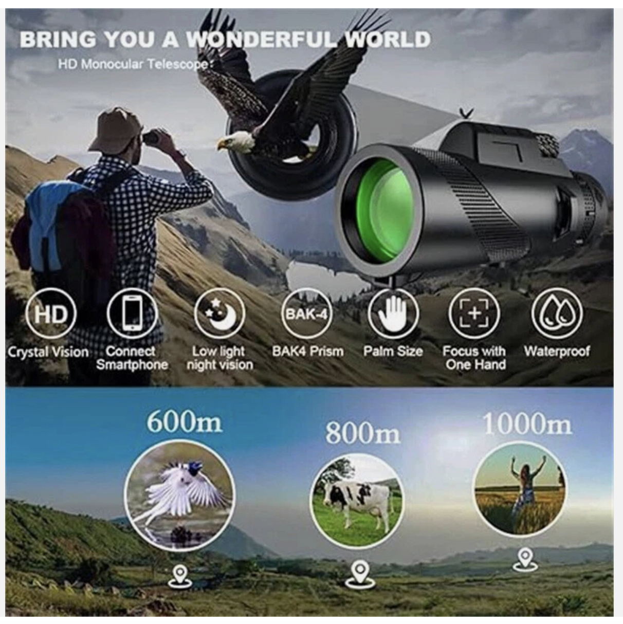 80x100 Zoom HD Optical Monocular Telescope Night Vision + Phone Clip +Tripod Set