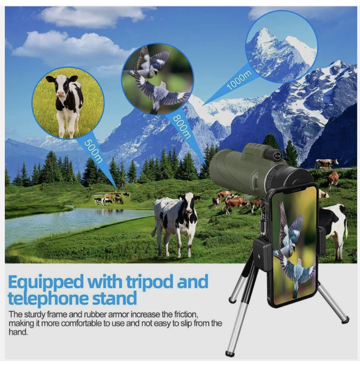 80x100 Zoom HD Optical Monocular Telescope Night Vision + Phone Clip +Tripod Set
