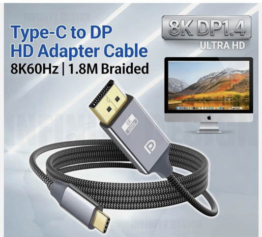 1.8M USB-C Type C to DisplayPort DP Cable 8K@60Hz 4K@120Hz DP1.4 Thunderbolt 3 4