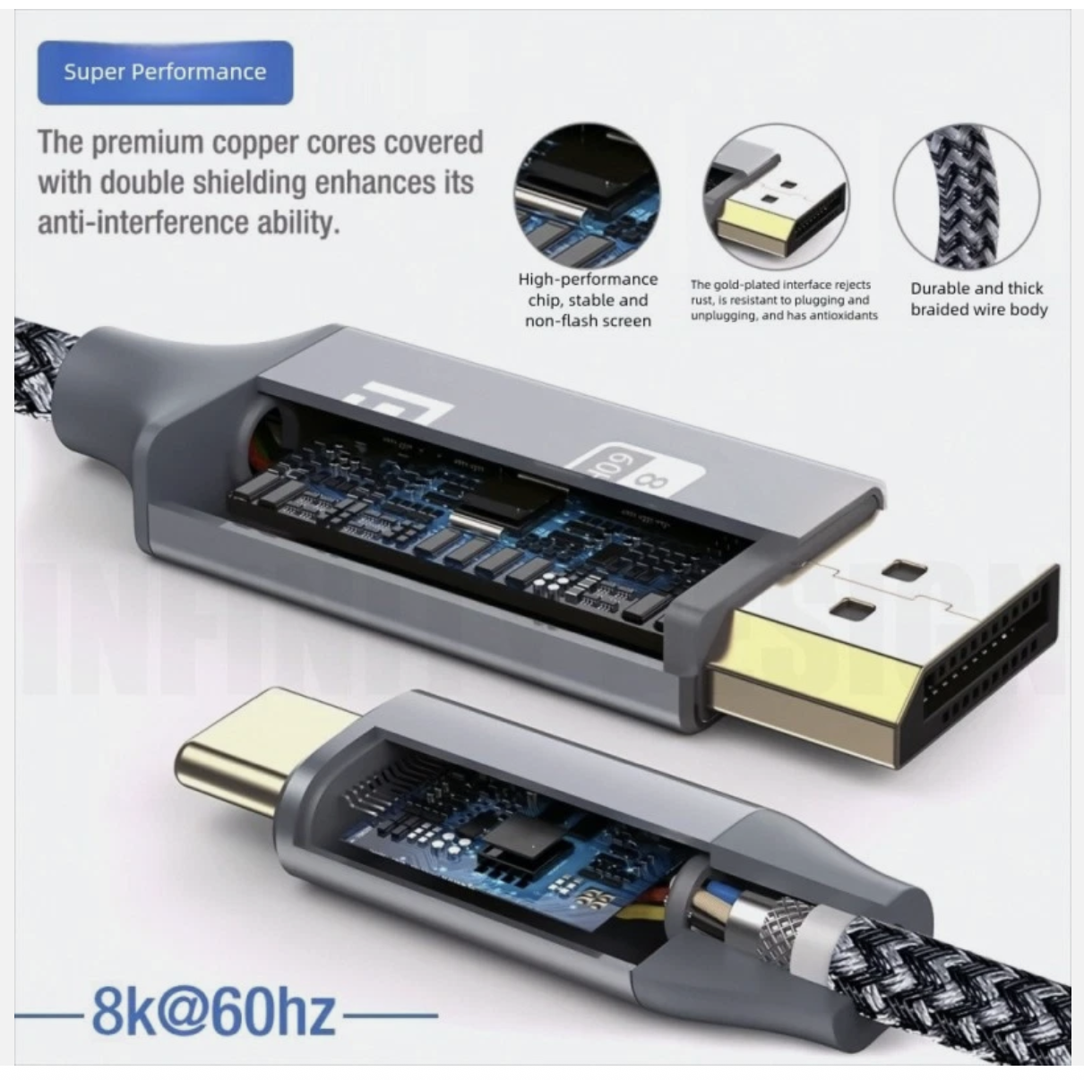 1.8M USB-C Type C to DisplayPort DP Cable 8K@60Hz 4K@120Hz DP1.4 Thunderbolt 3 4