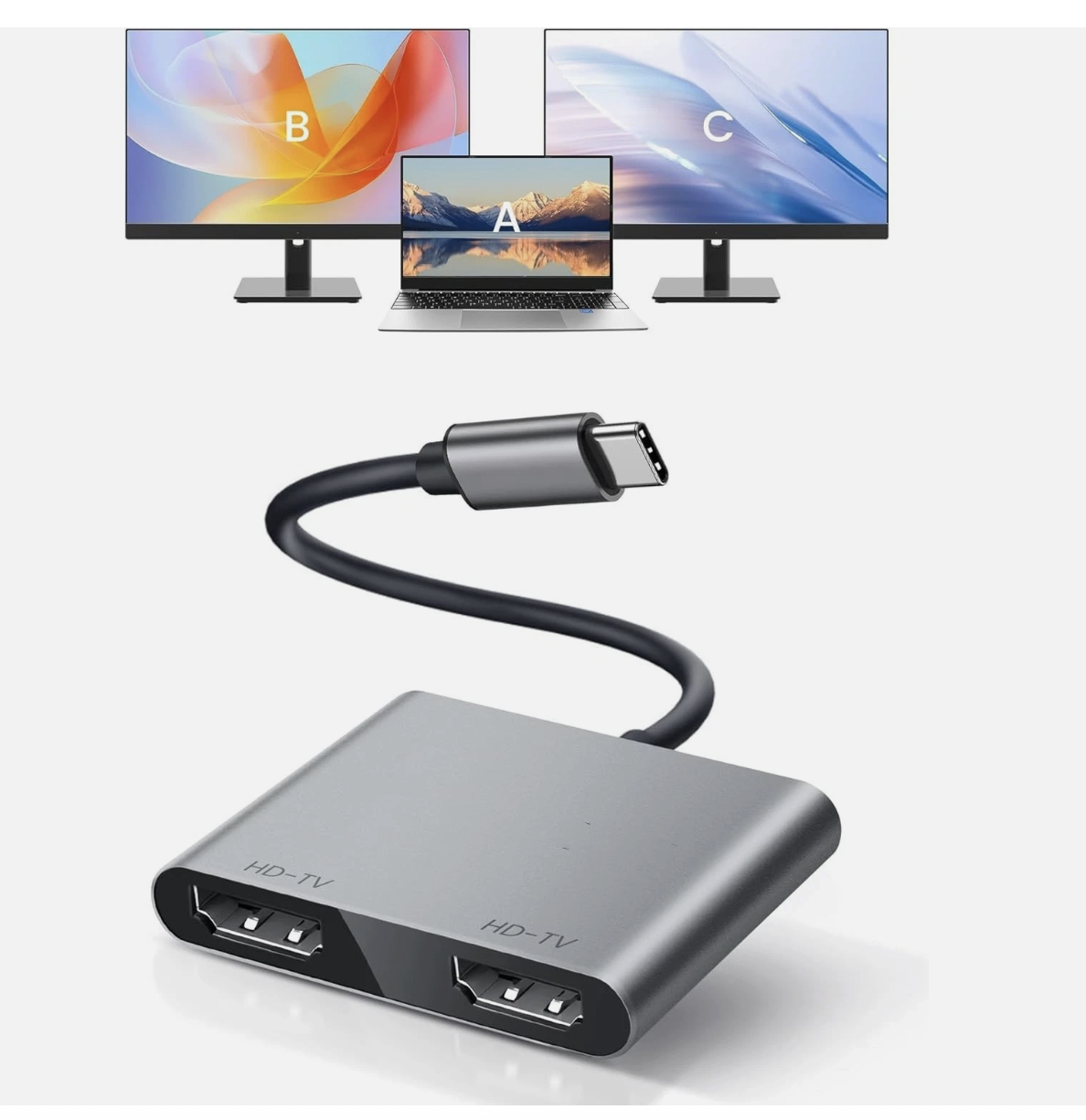 USB C to Dual HDMI Adapter, 4K@60Hz Dual Monitor HDMI Splitter for MacBook Pro