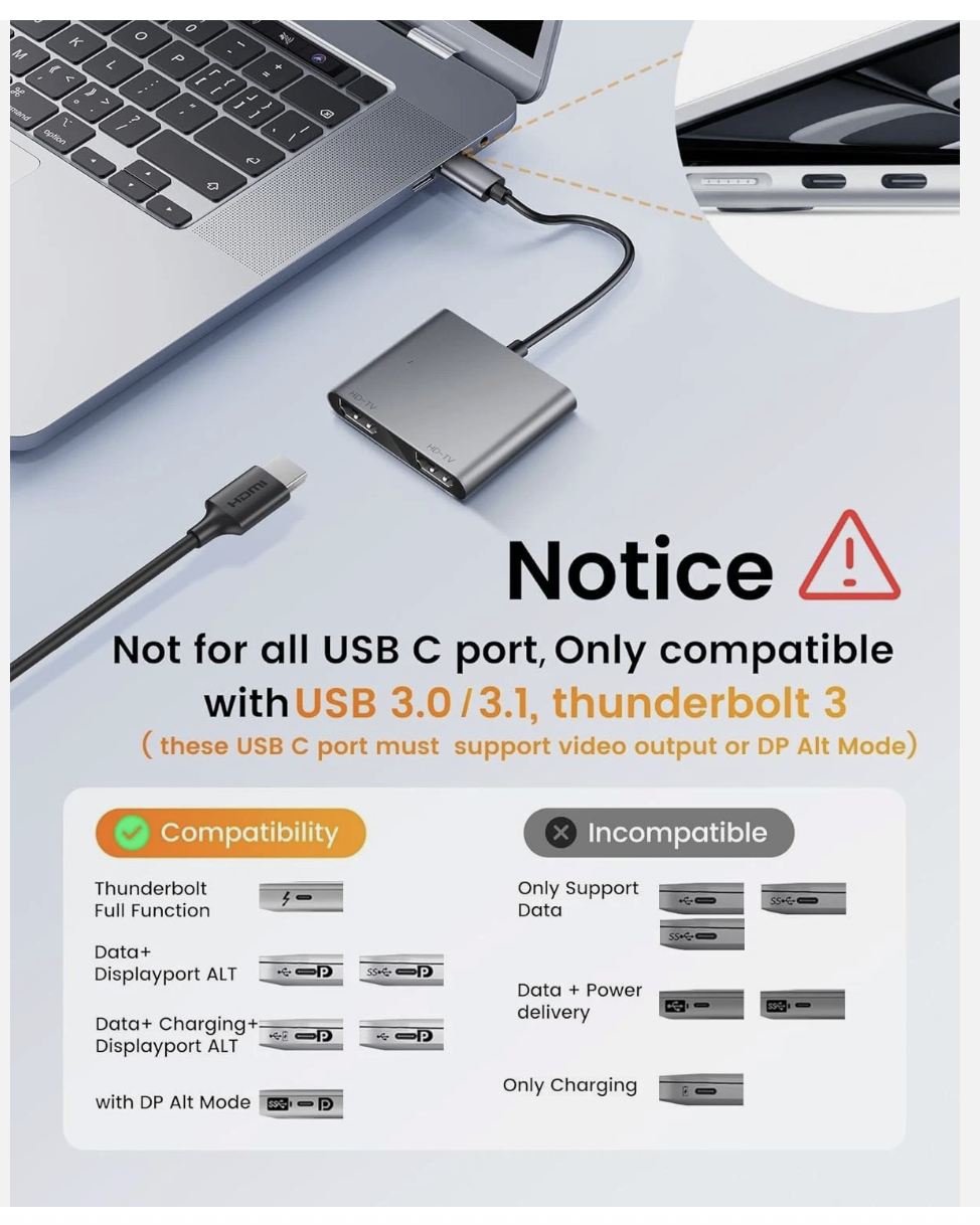 USB C to Dual HDMI Adapter, 4K@60Hz Dual Monitor HDMI Splitter for MacBook Pro
