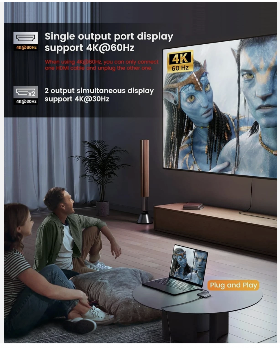 USB C to Dual HDMI Adapter, 4K@60Hz Dual Monitor HDMI Splitter for MacBook Pro