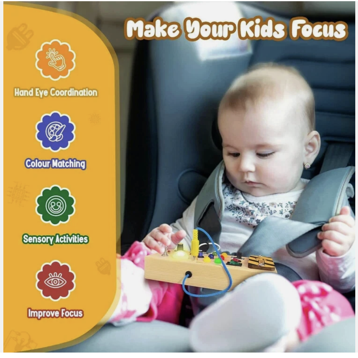 Montessori Busy Board w/ LED Light Switch Wooden Board Sensory Toys for Toddlers