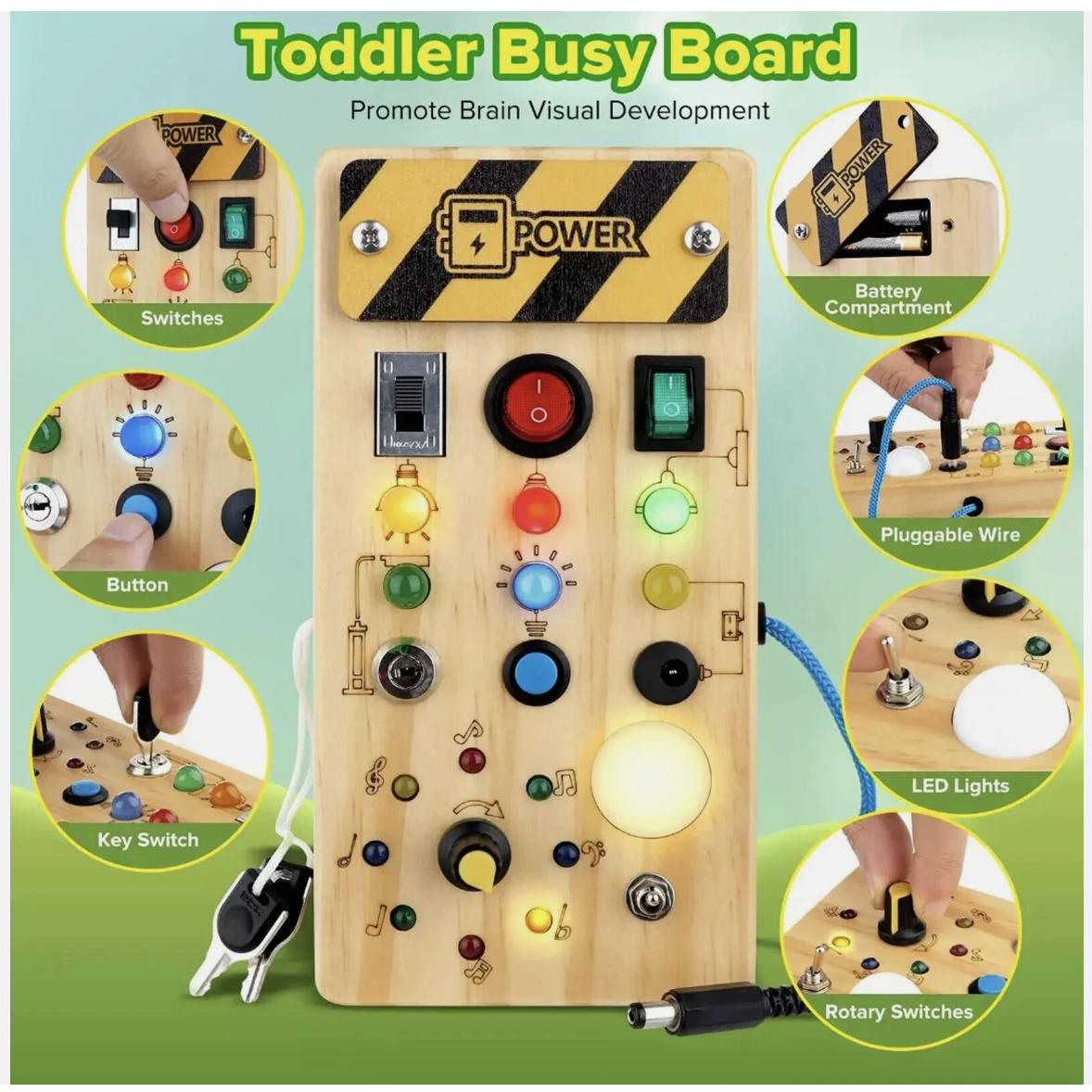 Montessori Busy Board w/ LED Light Switch Wooden Board Sensory Toys for Toddlers
